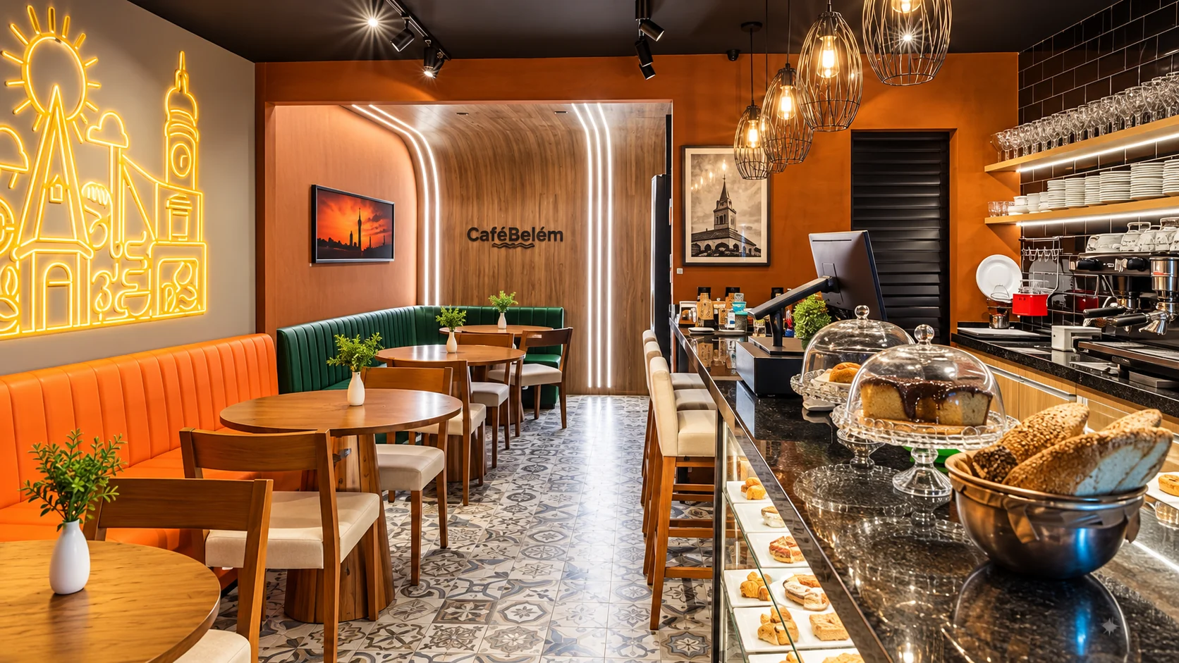 Interior do Café Belém: parede de madeira em arco com o letreiro, mesas, banco verde e balcão de confeitaria